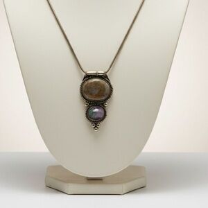 Vintage Boho Tribal Pendant Necklace Brass Jasper Stone Large Statement